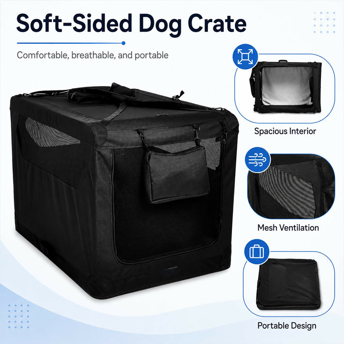 Soft Sided Dog Crate, Large Folding Portable Pet Kennel with Mesh Ventilation, Fleece Bed, Carry Handles & Storage Pouch, Black Travel Crate for Dogs, 107 x 79 x 78 cm