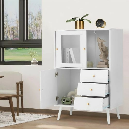 Sideboard Cabinet, White Accent Cabinet with Sliding Glass Door, 3 Drawers, Modern Buffet Cabinet with Storage
