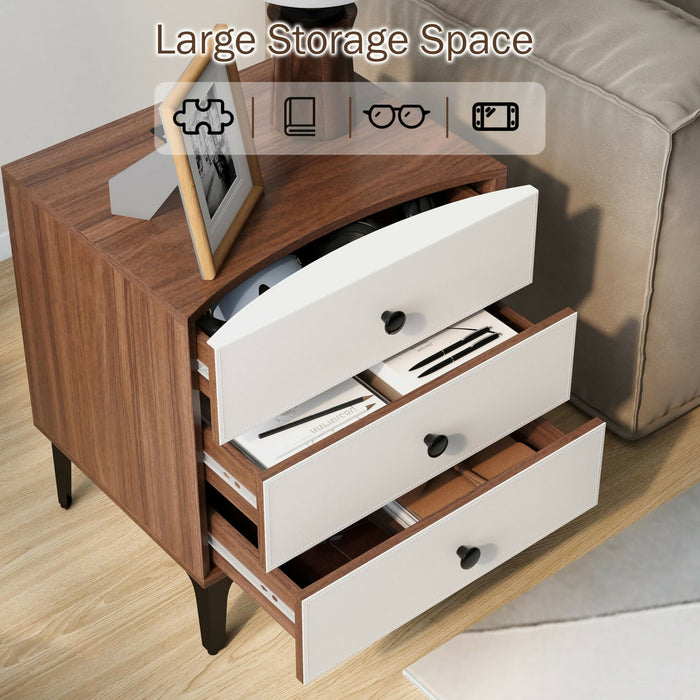 Nightstand with Charging Station, 3 Drawer Wood Bedside Table with Leather-Style Fronts, AC Outlet + USB + Type-C, Modern End Table for Bedroom Living Room Apartment
