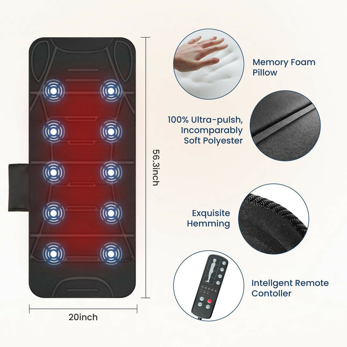 Full Body Massage Mat with Heat Extra Large Vibration Back Massager Pad with 10 Motors, 5 Modes, 3 Intensities, Remote Control for Sofa, Bed, Office & Gifts