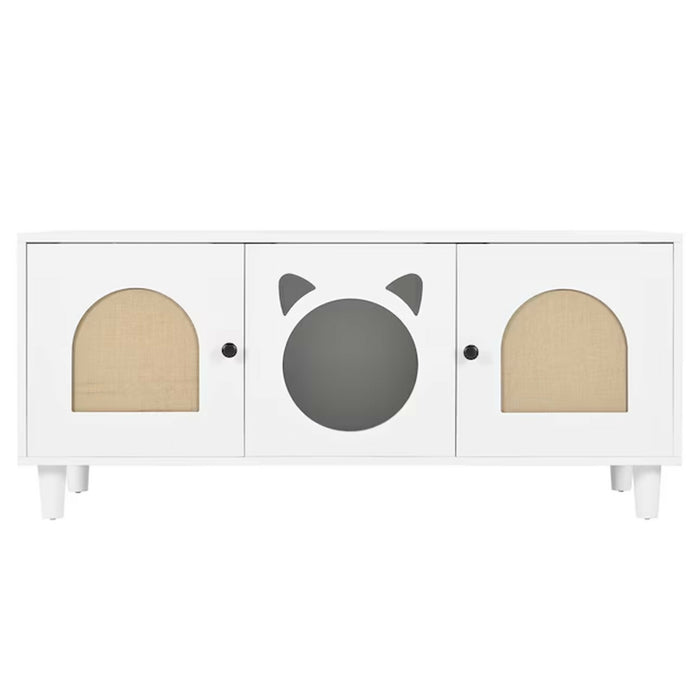 Cat Litter Box Enclosure Furniture, Wood Cat Cabinet Side Table with Sisal Scratcher Doors, Hidden Cat Washroom House with Storage Top and Cat Entry, Cream White, Modern Indoor Use