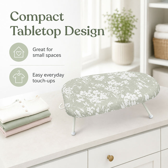 Tabletop Ironing Board with Foldable Legs & Hanging Hook Floral Padded Mini Ironing Board, 60 x 36 x 19 cm Compact Ironing Surface for Small Spaces, Dorms & Quick Touch-Ups