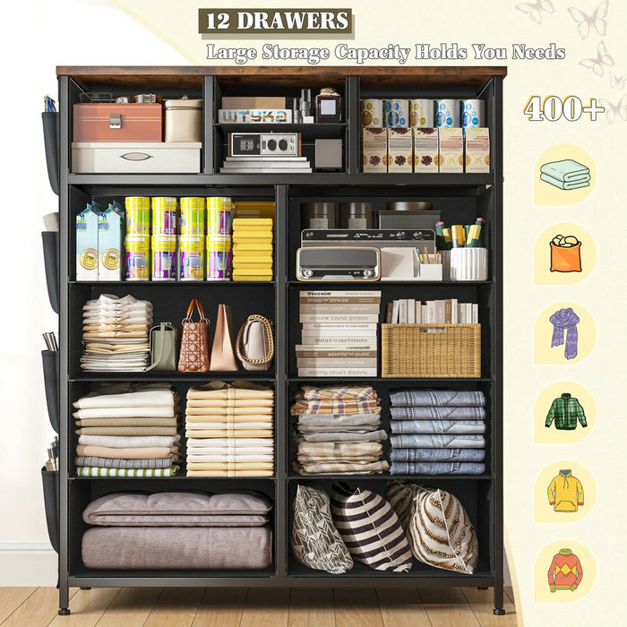 12-Drawer Dresser with Side Storage Pockets, Tall Chest of Drawers for Bedroom, Closet & Living Room, Fabric Dresser Organizer with Wood Top, Metal Frame – Large Capacity Storage Cabinet