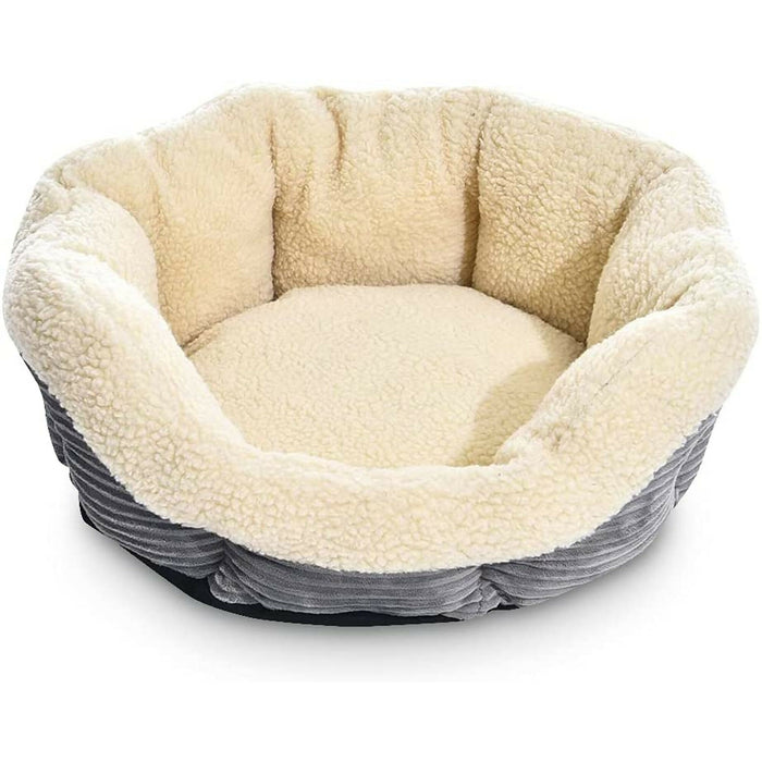 Round Self-Warming Pet Bed for Cats & Small Dogs, Plush Sherpa-Style Cozy Cuddler Bed, Heat-Reflective Non-Electric Design, Grey/Cream, 22 in, Indoor Resting Bed