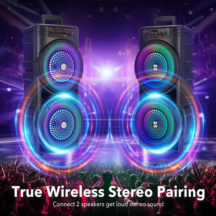 Portable Bluetooth Party Speaker with RGB Lights, Dual 8.5" Speakers, Wired Microphone, BT 5.3, USB/TF/AUX/FM/MIC, Karaoke Sound System for Home, Parties, Camping & Events
