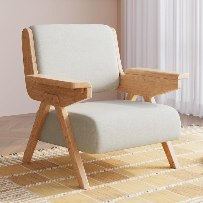 Mid Century Modern Accent Chair with Wooden Arms, 330 lb Capacity, 6.3 in Thick Cushion, 115° Backrest, Upholstered Lounge Armchair for Living Room Bedroom Reading Corner, Beige, Oliver Green and Light Blue
