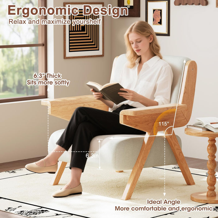 Mid Century Modern Accent Chair with Wooden Arms, 330 lb Capacity, 6.3 in Thick Cushion, 115° Backrest, Upholstered Lounge Armchair for Living Room Bedroom Reading Corner, Beige, Oliver Green and Light Blue