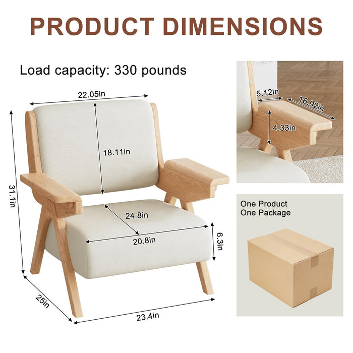Mid Century Modern Accent Chair with Wooden Arms, 330 lb Capacity, 6.3 in Thick Cushion, 115° Backrest, Upholstered Lounge Armchair for Living Room Bedroom Reading Corner, Beige, Oliver Green and Light Blue