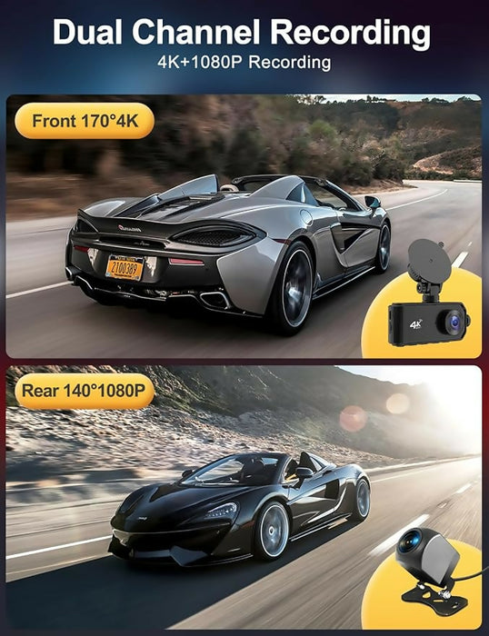 4K Dash Cam Front and Rear Camera, 4K+1080P Dual Dash Cam with WiFi, 3.12 Inch Screen Dash Camera for Cars, Dashboard Camera with Free 64G Card, Super Night Vision, Type-C Port