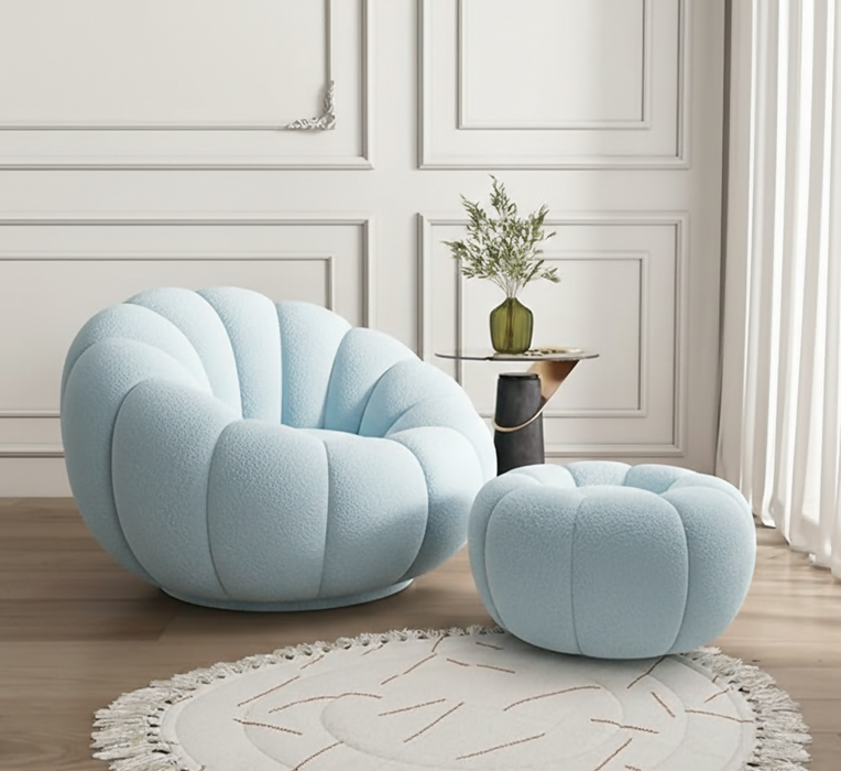 Pumpkin Swivel Accent Chair, Modern Lounge Sofa Round Barrel Chair, Wool Chair with Ottoman