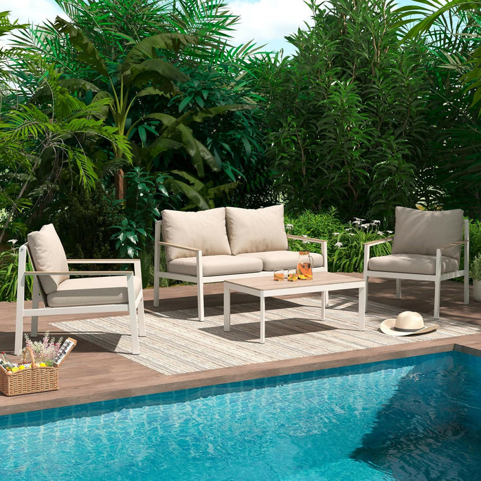 4-Piece Patio Furniture Set with All-Aluminum Rust-Resistant Frame, 2 Accent Chairs, Loveseat, and Faux Teak Coffee Table