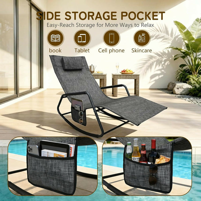 Set of 2 Outdoor Rocking Lounge Chairs, Ergonomic Textilene Chaise Loungers with Side Pockets & Removable Headrests, Breathable All-Weather Patio Chairs for Poolside, Garden & Porch, Gray and Beige
