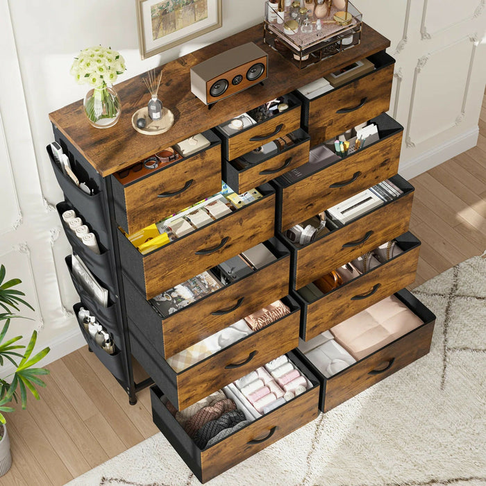 12-Drawer Dresser with Side Storage Pockets, Tall Chest of Drawers for Bedroom, Closet & Living Room, Fabric Dresser Organizer with Wood Top, Metal Frame – Large Capacity Storage Cabinet