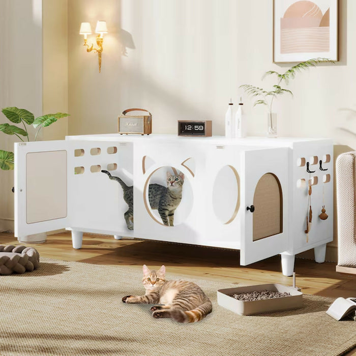 Cat Litter Box Enclosure Furniture, Wood Cat Cabinet Side Table with Sisal Scratcher Doors, Hidden Cat Washroom House with Storage Top and Cat Entry, Cream White, Modern Indoor Use
