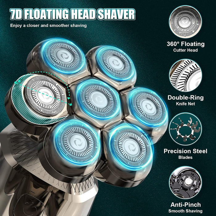 7D Head Shaver Detachable, 6-IN-1 Electric Razor LCD Display Skull Shaver for Bald Men 3 Speeds, IPX7 Waterproof Wet/Dry Electric Rotary Shaver Grooming Kit for Hair,Beard,Face Rechargeable