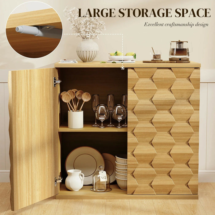 Sideboard Storage Cabinet with Doors Modern 3D Hexagon Design, Soft-Close Hinges, Handleless Push-Open, Thickened Top 31.5” Wide Buffet Cabinet for Dining Room, Living Room