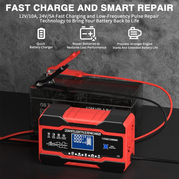 Smart Battery Charger, 12V/24V 10A/5A, Pulse Repair, Auto/RV