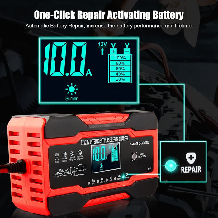 Smart Battery Charger, 12V/24V 10A/5A, Pulse Repair, Auto/RV