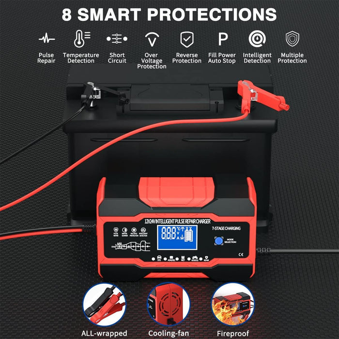 Smart Battery Charger, 12V/24V 10A/5A, Pulse Repair, Auto/RV