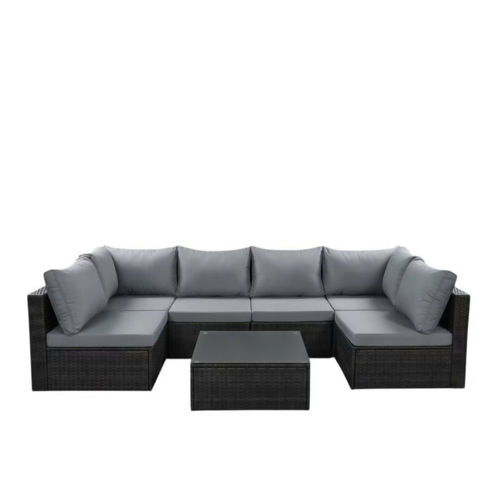 MMW 7-piece Patio Furniture, Rattan Dining Set with Glass Coffee Table (Grey)