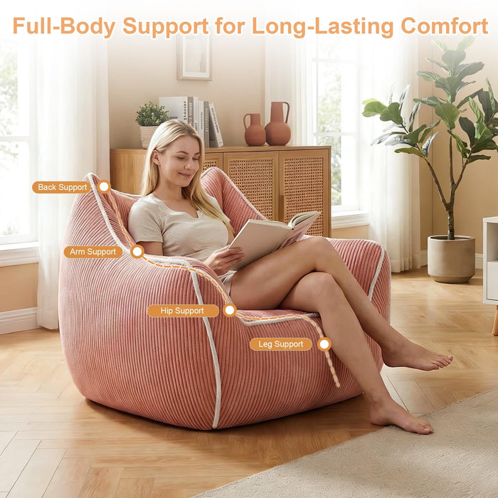 Oversized Bean Bag Chair, Foam-Filled Corduroy Armchair, High Back, Pink