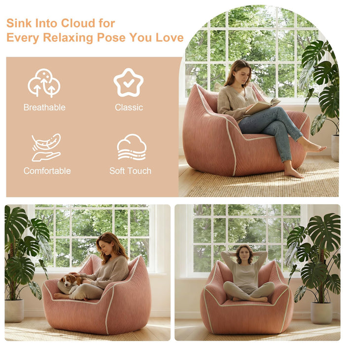 Oversized Bean Bag Chair, Foam-Filled Corduroy Armchair, High Back, Pink