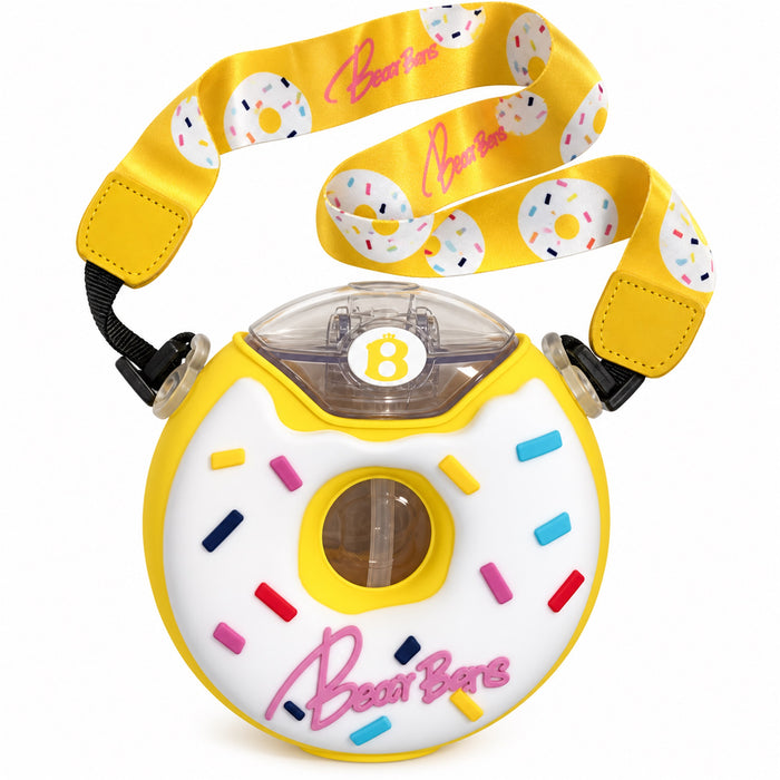 Donut Water Bottle, 380 mL Straw Cup with Strap, Yellow