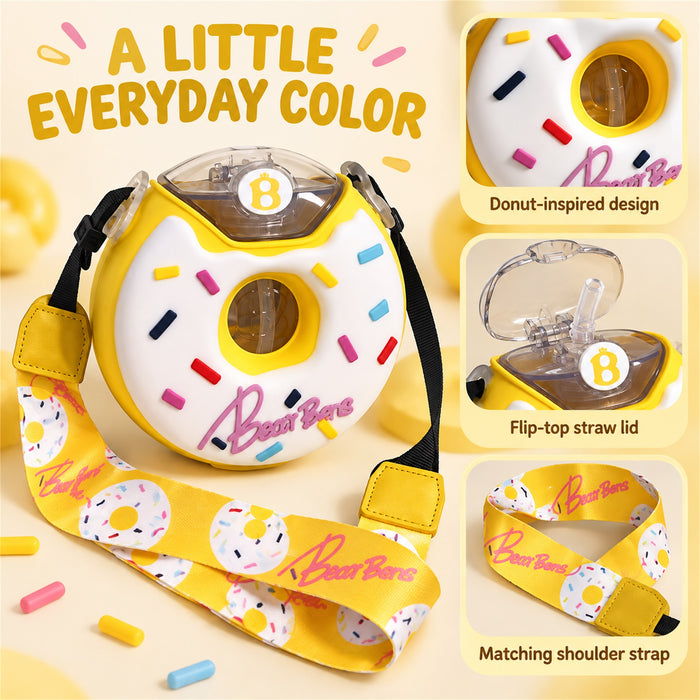 Donut Water Bottle, 380 mL Straw Cup with Strap, Yellow