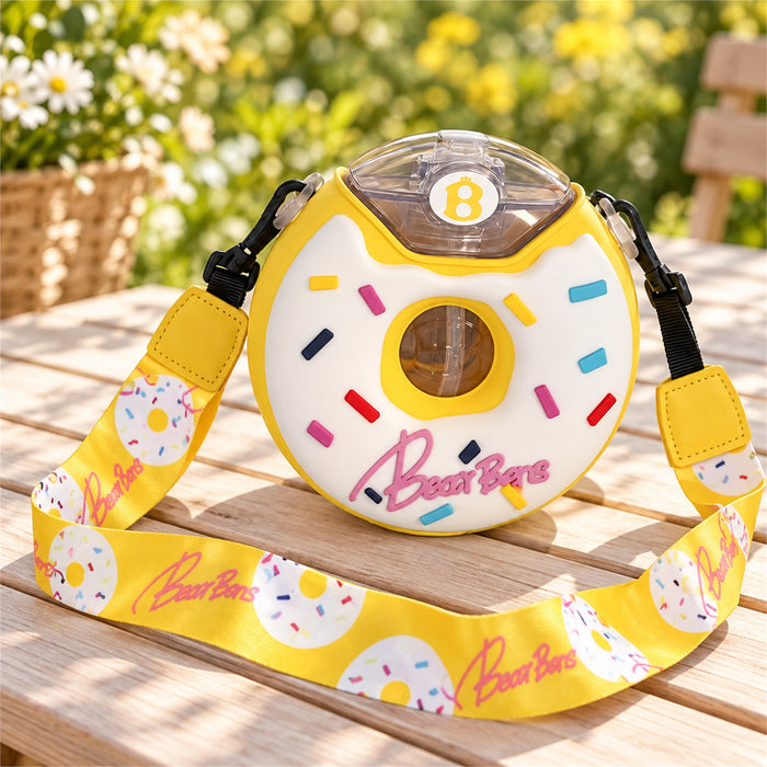 Donut Water Bottle, 380 mL Straw Cup with Strap, Yellow