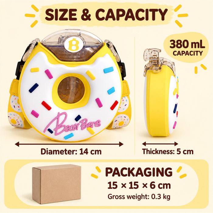 Donut Water Bottle, 380 mL Straw Cup with Strap, Yellow