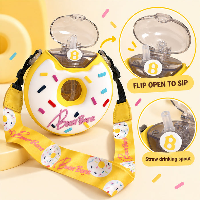 Donut Water Bottle, 380 mL Straw Cup with Strap, Yellow