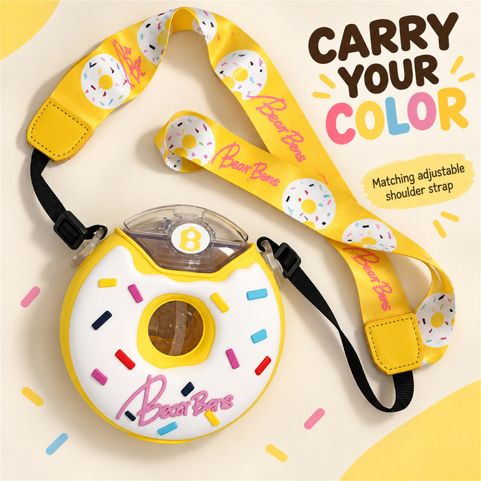 Donut Water Bottle, 380 mL Straw Cup with Strap, Yellow