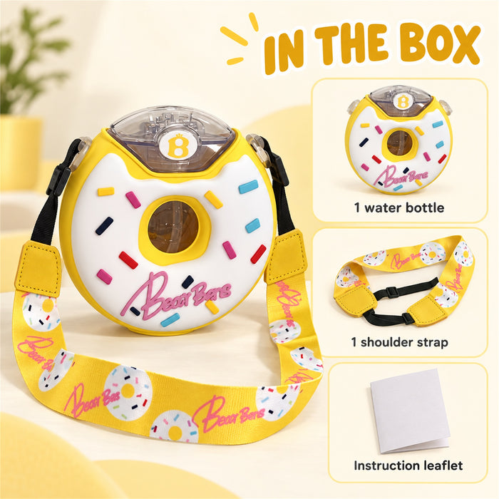 Donut Water Bottle, 380 mL Straw Cup with Strap, Yellow