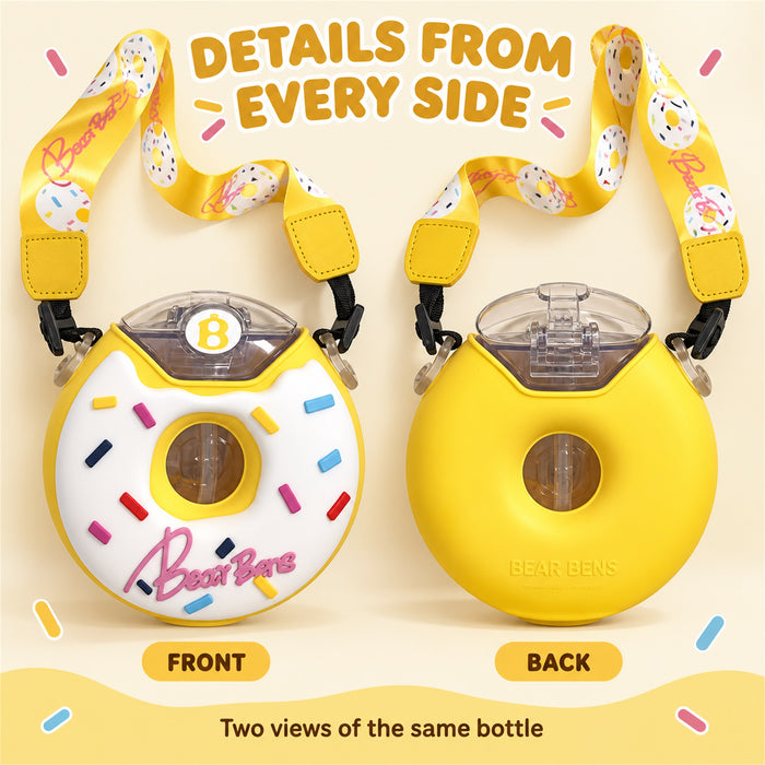 Donut Water Bottle, 380 mL Straw Cup with Strap, Yellow