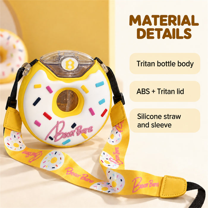 Donut Water Bottle, 380 mL Straw Cup with Strap, Yellow