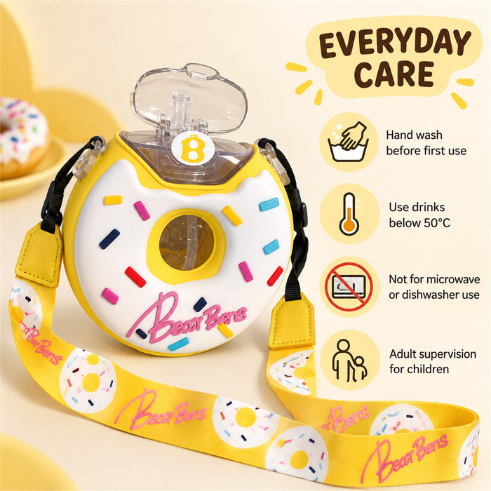 Donut Water Bottle, 380 mL Straw Cup with Strap, Yellow