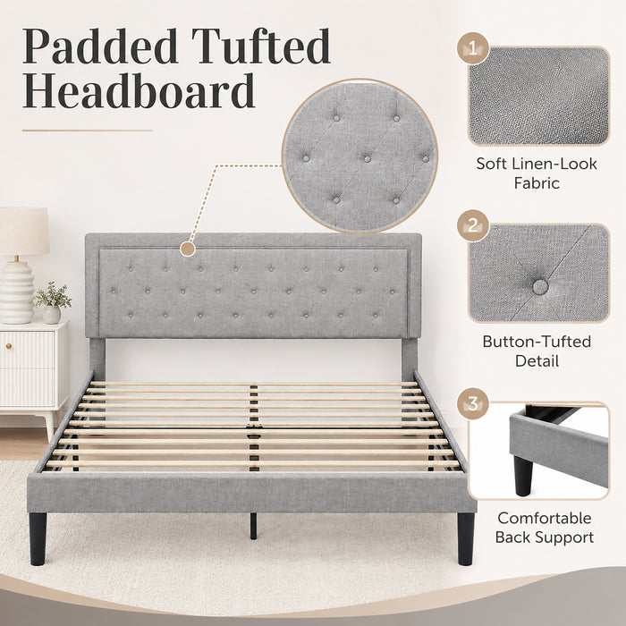 Queen Bed Frame, Grey Tufted Upholstered Platform Bed