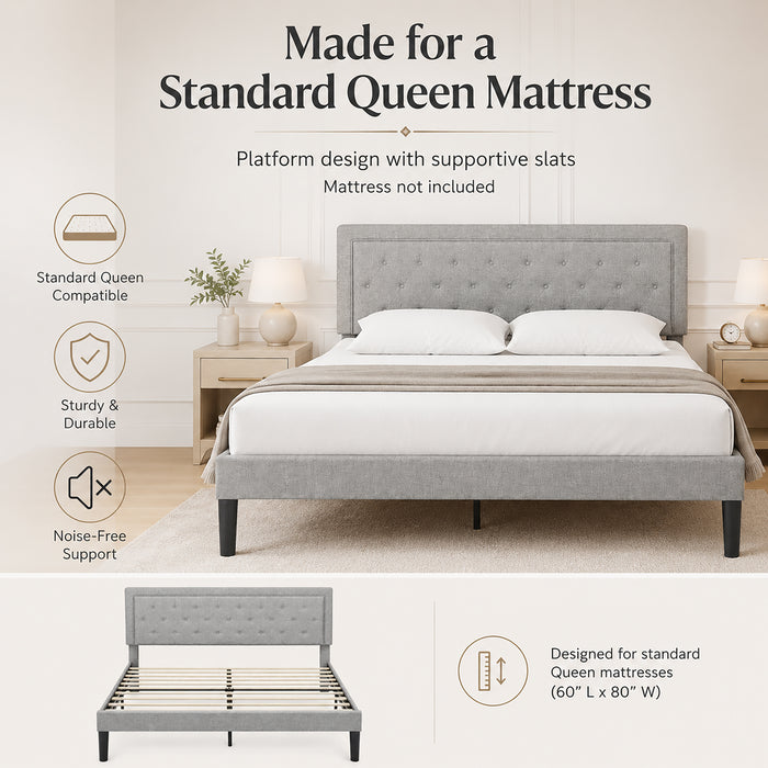 Queen Bed Frame, Grey Tufted Upholstered Platform Bed
