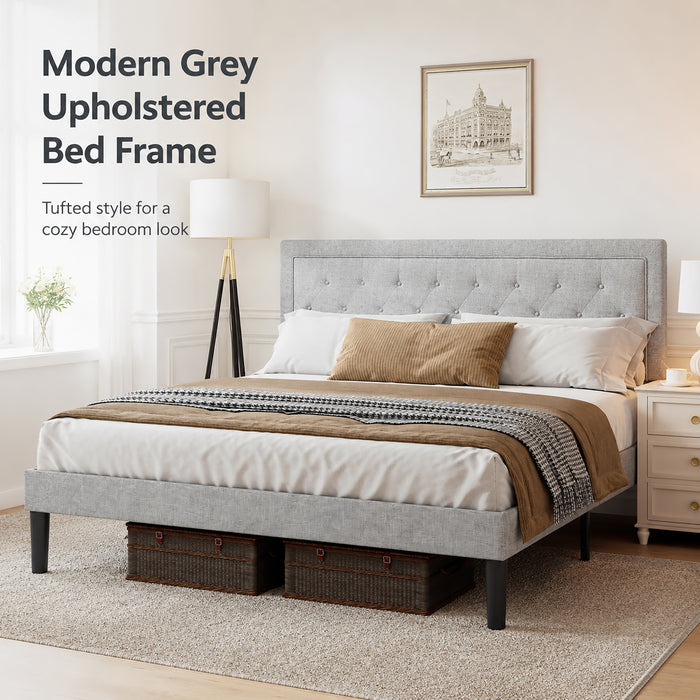 Queen Bed Frame, Grey Tufted Upholstered Platform Bed