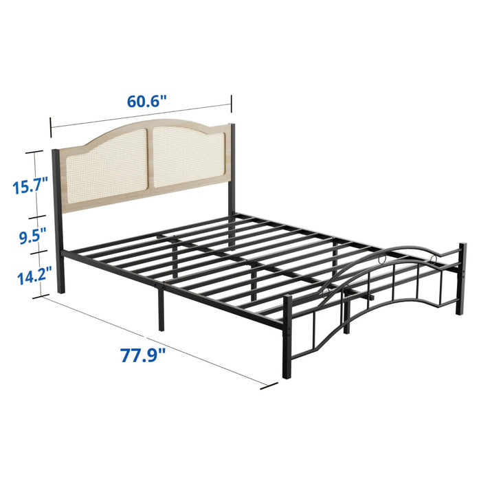 Queen Bed Frame, Metal Platform, Rattan-Style Headboard