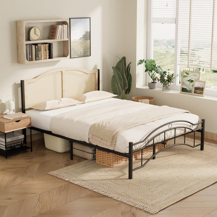Queen Bed Frame, Metal Platform, Rattan-Style Headboard