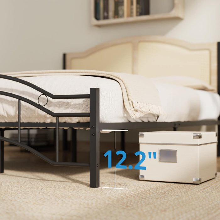 Queen Bed Frame, Metal Platform, Rattan-Style Headboard