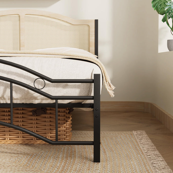 Queen Bed Frame, Metal Platform, Rattan-Style Headboard