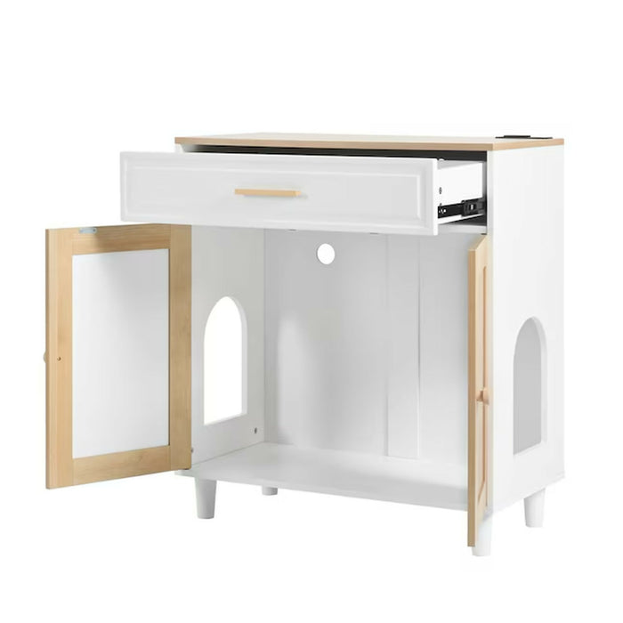 Cat Litter Box Enclosure Furniture, Hidden Cat Washroom Cabinet with Scratcher Doors, Storage Drawer, 2 AC Outlets & 2 USB Ports, 31.5 x 15.8 x 32.5 in, White/Natural Side Table