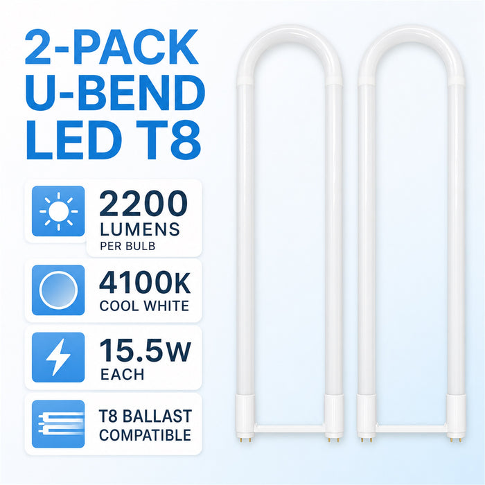 U-Bend LED T8 Bulbs, 2-Pack, 15.5W, 4100K Cool White, 2200LM