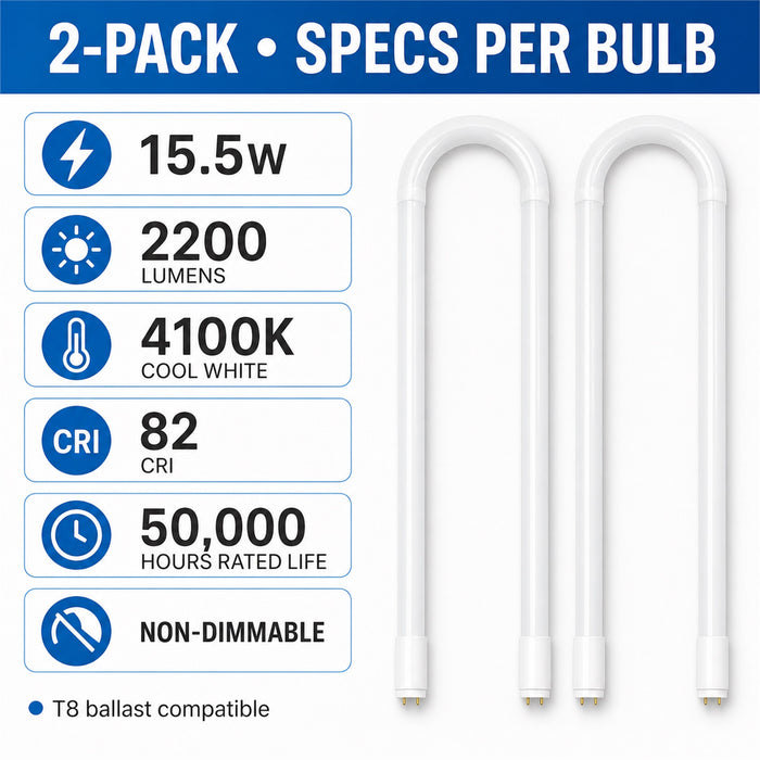 U-Bend LED T8 Bulbs, 2-Pack, 15.5W, 4100K Cool White, 2200LM