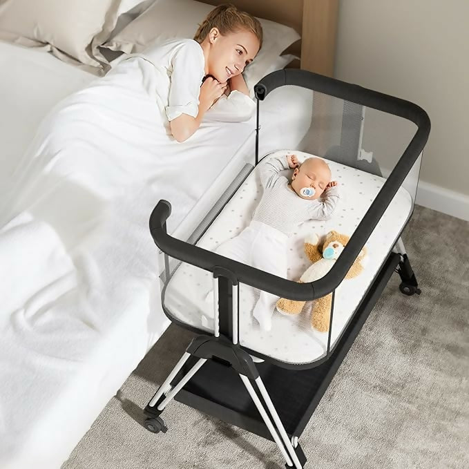 Baby Bassinet Bedside Sleeper with Wheels, Storage Tray, 4-Sided