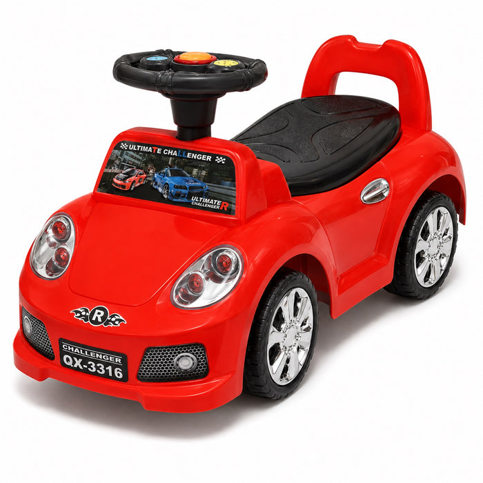 Toddler Ride-On Car with Storage, Red, Foot-to-Floor Play, Music, Model QX-3316
