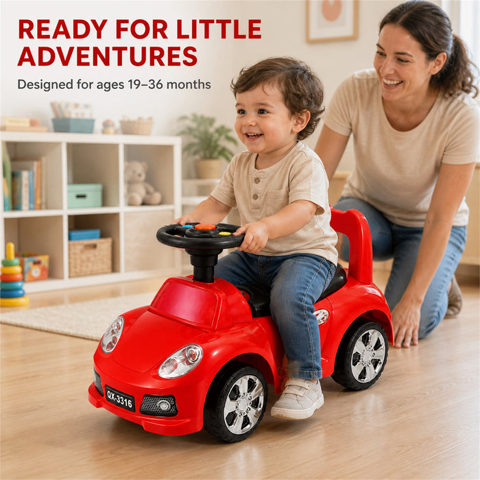 Toddler Ride-On Car with Storage, Red, Foot-to-Floor Play, Music, Model QX-3316