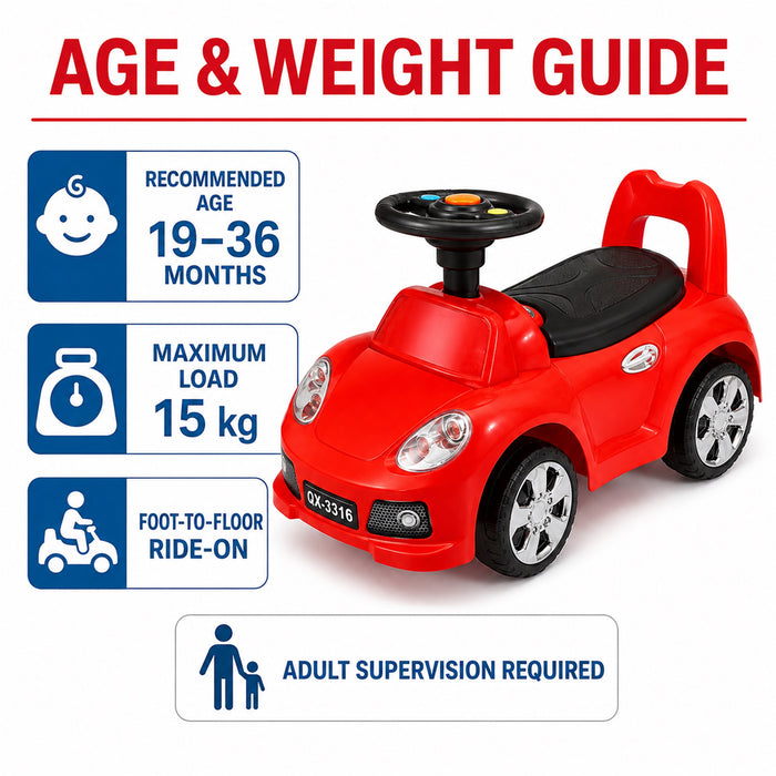 Toddler Ride-On Car with Storage, Red, Foot-to-Floor Play, Music, Model QX-3316